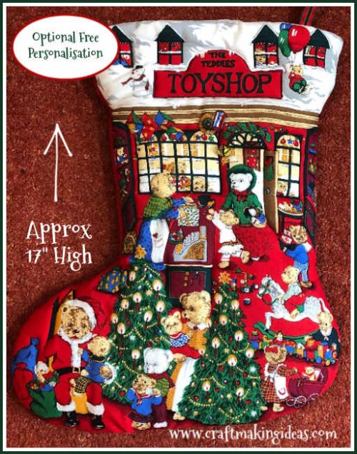 Rose and Hubble Teddies Toy Shop Quilted Christmas Stocking