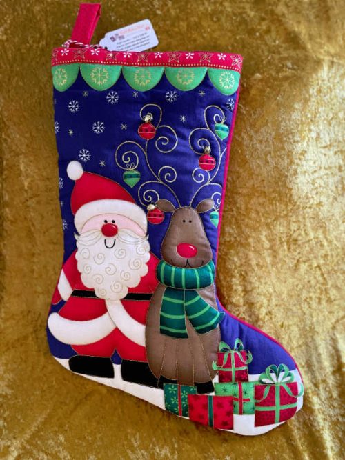 Santa with Rudolf Quilted Christmas Stocking - Right Facing