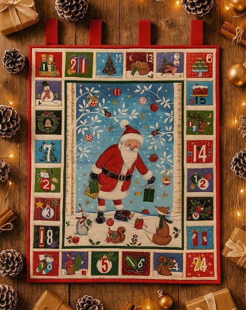Finished Makower merry santa quilted christmas advent calendar flat on a table surrounded by christmas themed decorations