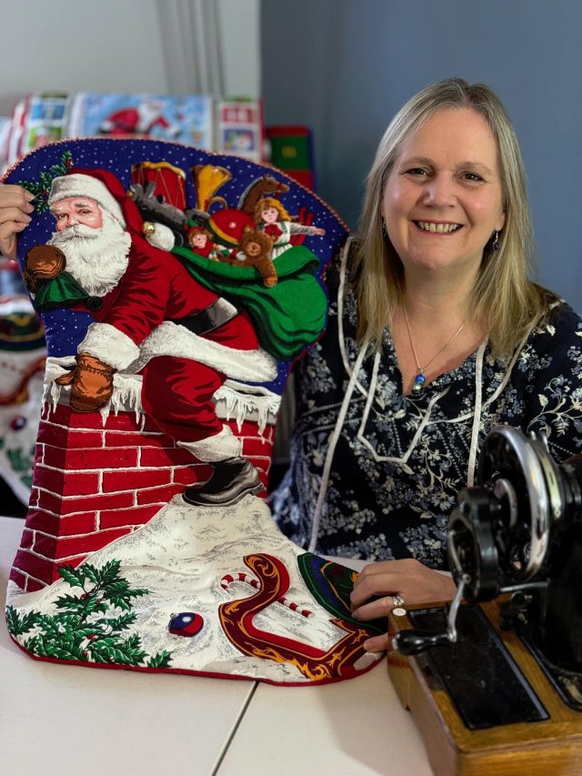 Angie Stewart with one of her handmade, Vintage Cranston Personalised Christmas Stockings