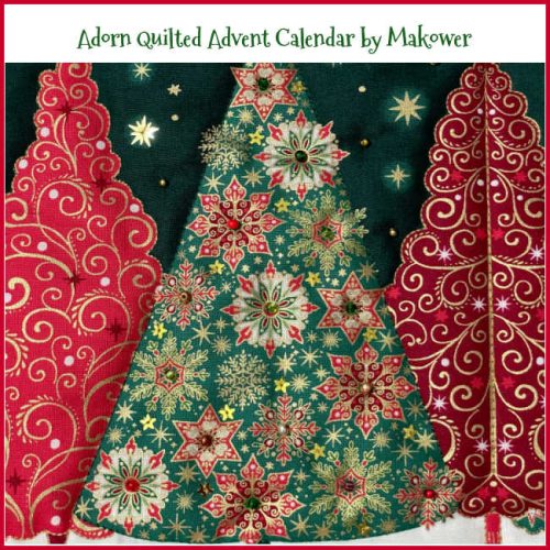 Close up of some of the Christmas trees on the Adorn Quilted Advent Calendar by Makower